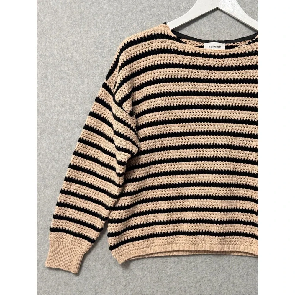 Kaileigh Striped Crochet Sweater Size Small Black Tan 100% Cotton Boxy Fit